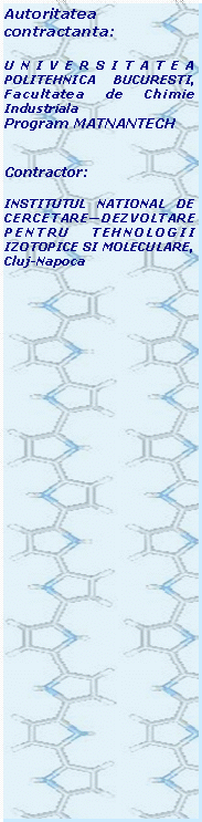 Text Box: Autoritatea contractanta:UNIVERSITATEA POLITEHNICA BUCURESTI, Facultatea de Chimie IndustrialaProgram MATNANTECHContractor:INSTITUTUL NATIONAL DE CERCETAREDEZVOLTARE PENTRU TEHNOLOGII IZOTOPICE SI MOLECULARE, Cluj-Napoca