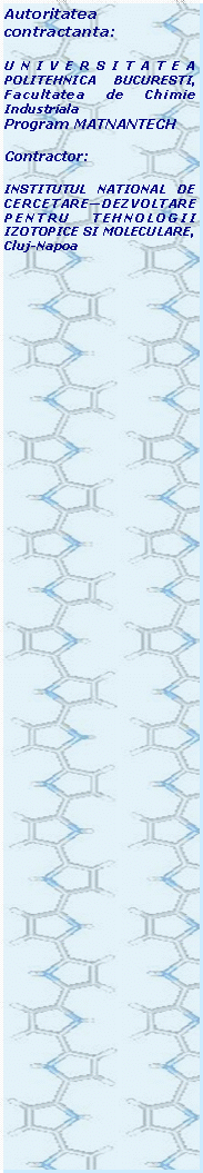 Text Box: Autoritatea contractanta:UNIVERSITATEA POLITEHNICA BUCURESTI, Facultatea de Chimie IndustrialaProgram MATNANTECHContractor:INSTITUTUL NATIONAL DE CERCETARE�DEZVOLTARE PENTRU TEHNOLOGII IZOTOPICE SI MOLECULARE, Cluj-Napoa