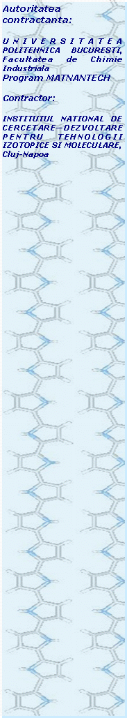 Text Box: Autoritatea contractanta:UNIVERSITATEA POLITEHNICA BUCURESTI, Facultatea de Chimie IndustrialaProgram MATNANTECHContractor:INSTITUTUL NATIONAL DE CERCETARE�DEZVOLTARE PENTRU TEHNOLOGII IZOTOPICE SI MOLECULARE, Cluj-Napoa