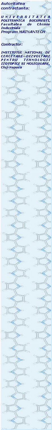 Text Box: Autoritatea contractanta:
UNIVERSITATEA POLITEHNICA BUCURESTI, Facultatea de Chimie Industriala
Program MATNANTECH
Contractor:
INSTITUTUL NATIONAL DE CERCETARE—DEZVOLTARE PENTRU TEHNOLOGII IZOTOPICE SI MOLECULARE, Cluj-Napoca