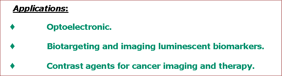 Text Box: 	Applications: 		Optoelectronic.		Biotargeting and imaging luminescent biomarkers.		Contrast agents for cancer imaging and therapy.